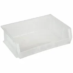 Clear plastic storage bin with label holder for organizing small to medium parts in industrial, warehouse, and workshop environments. Clear design enables quick visual inventory checks. Not electrostatic discharge conductive; suitable for general storage applications.