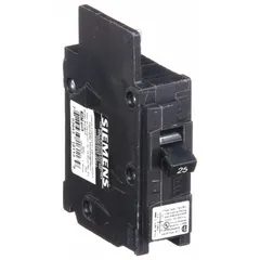 Single-pole bolt-on miniature circuit breaker rated 25 A at 120V AC. Provides overcurrent protection for branch circuits in electrical distribution systems. Suitable for use in Siemens panelboards and similar load centers.