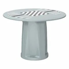 This cylinder base table features a 42-inch diameter gray game top and accepts ballast for stability. Constructed from Endurance-grade polyethylene, it is suited for break rooms, cafeterias, and outdoor patios.