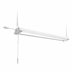 This LED shop light provides 6200 lumens of cool-white light at 4000K color temperature. It operates on 120V AC with a fixture wattage of 65W. The unit is linkable up to 4 fixtures for extended coverage. Suitable for general illumination in workshops, garages, basements, and commercial spaces.