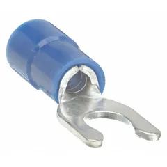 Blue vinyl insulated fork terminal with locking fork design for secure connections in high-vibration applications. Rated 600V, accommodates 16 AWG to 14 AWG wire with #8 stud size. Funnel entry barrel style simplifies wire insertion.