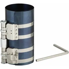 This piston ring tool is used for compressing and installing piston rings onto pistons. It accommodates piston diameters from 3 27/50 in to 6 22/25 in. The tool features a spring steel construction and includes a square handle for controlled operation.