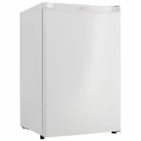 Compact refrigerator with 4.4 cu ft total capacity, automatic defrost, and 4 shelves. Features a solid white swing door and operates on 115V AC. Energy Star Certified. Suitable for storing beverages and small food items in offices, dorm rooms, or break areas