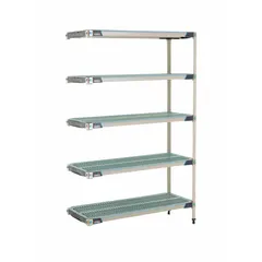 This stationary shelving unit features a 304 stainless steel frame and five polymer shelves with antimicrobial resistance properties. The overall height is 74 inches. Suitable for harsh environments requiring frequent cleaning and resistance to moisture and microbial growth.