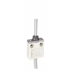 The OMRON D4C1650 is a limit switch with a coil-spring wobble-stick actuator, featuring a 3.15-inch actuator length and an aluminum body. It includes two mounting holes for installation. This switch is used for position sensing in industrial automation, such as detecting object presence or position on conveyors and machinery.