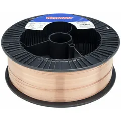Low-alloy steel ER80S-D2 MIG welding wire on a 33 lb plastic spool. Diameter 0.035 in. As-welded tensile strength 80 ksi, yield strength 68 ksi. Suitable for gas metal arc welding of carbon and low-alloy steels in structural fabrication and general repair.