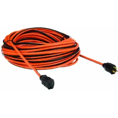 This 100 ft outdoor extension cord features a single NEMA 5-15P outlet and a 14/3 SJTW jacket rated for temperatures from -40° to 167°F. Suitable for powering tools, lights, or equipment in outdoor environments such as construction sites, landscaping, or temporary event setups.