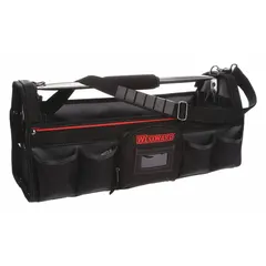 This polyester tool tote in black features 23 total pockets, including 10 inside pockets, for organizing hand tools, fasteners, and small parts. Suitable for carrying equipment on job sites or in workshops.