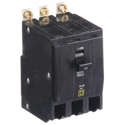 SQUARE D Miniature Circuit Breaker: 80 A, 120/240V AC, Three Phase, 10kA at 120/240V AC - QOB Series, Bolt-On Square D Miniature Circuit Breakers