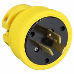 General purpose straight blade plug rated 50 A at 125/250V AC. 3-pole, 3-blade configuration in a yellow housing. Suitable for heavy-duty power connections in industrial settings.