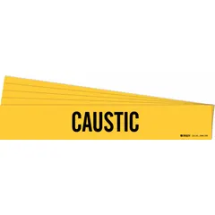 Yellow pipe marker with black 'Caustic' legend for identifying caustic piping systems. Fits pipes 8 inches and larger in outer diameter. Pack of 5 markers without directional arrows. Adhesive-backed for indoor/outdoor use.