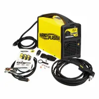 The ESAB HandyPlasma 25i is a 25 A plasma cutter with a 10 ft handheld torch, operating on a nominal input voltage of 120V. It requires a minimum input air flow rate of 3.9 cfm. This unit is suitable for cutting mild steel, stainless steel, and other conductive metals in light fabrication, automotive repair, and maintenance applications