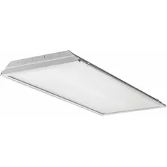 This 2 ft x 4 ft LED flat panel troffer delivers 6,218 lumens at 3500K color temperature, consuming 48.7 watts. It operates on 120 to 277V AC input and accommodates (4) T8 lamps. Designed for recessed installation in commercial ceiling grids for general ambient lighting.