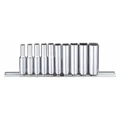 This 10-piece socket set includes 12-point SAE sockets with a 1/4 in drive, ranging from 5/32 in to 1/2 in. Deep sockets are included for accessing recessed fasteners. The set is tether ready for drop prevention in elevated work areas. Suitable for tightening and loosening fasteners in confined spaces on small bolts and nuts.