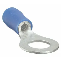 Blue vinyl-insulated ring terminal for 16 AWG to 14 AWG wire with a 5/16 in stud size. Provides a secure, vibration-resistant connection when crimped onto wire and bolted to a stud or terminal block. Suitable for use in control panels, machinery, and power distribution systems.