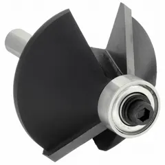 This carbide-tipped chamfer profile router bit features a 1 1/4 in cutter diameter and two flutes. It is designed for creating beveled edges on wood, plastic, and composite materials. Commonly used in cabinetry, furniture making, and trim work, it produces clean, angled edges for decorative or functional joints.