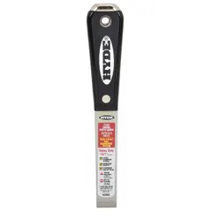 Standard scraper with a stiff, tapered carbon steel blade and a nylon handle with a hammer end. Designed for applying and smoothing putty, spackle, or filler, as well as scraping paint, adhesive, or debris from flat surfaces in construction and maintenance tasks.