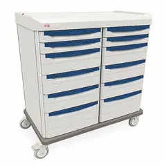 Polymer cart with taupe cabinet and 12 white drawers. Equipped with four swivel casters for mobility. Used for organizing and transporting medical supplies in healthcare settings.