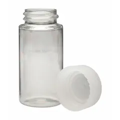 This 20 mL PET scintillation vial is designed for liquid scintillation counting applications. It features a colorless, round-bottom, self-standing design with external threads and includes a closure. The vial has a 27 mm body diameter and a 22-400 mm neck size.