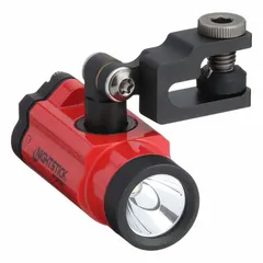 Red LED headlamp with helmet clip for hands-free illumination in industrial environments. Delivers 360 lumens with a 218-meter max beam and 4.5-hour run time at maximum brightness. Includes 2 CR123 batteries. Suitable for maintenance, inspection, and confined-space work where red light preserves night vision.