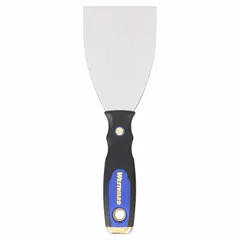 This standard scraper features a carbon steel blade with a full, straight, stiff profile. The handle is constructed from plastic, rubber, and steel with a rubberized grip and a hammer end. Suitable for applying and removing putty, filler, and adhesive materials, as well as light prying and scraping on building materials.