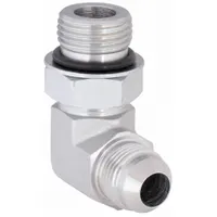 Steel hydraulic hose adapter, male x male, ORB x JIC, rigid 90° elbow. Connects ORB (O-Ring Boss) and JIC (Joint Industry Council) ports in hydraulic systems for directional changes. Used in industrial machinery, mobile equipment, and hydraulic power units