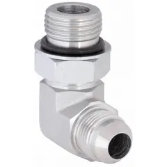 Steel hydraulic hose adapter, male x male, ORB x JIC, rigid 90° elbow. Connects ORB (O-Ring Boss) and JIC (Joint Industry Council) ports in hydraulic systems for directional changes. Used in industrial machinery, mobile equipment, and hydraulic power units.