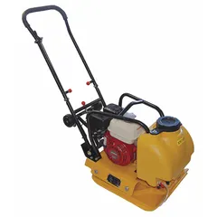 This gas-powered plate compactor delivers 2500 centrifugal lb of compacting force for soil and asphalt compaction. It features a 28 1/2 in plate width and includes a water tank for asphalt work. Suitable for preparing stable foundations and finishing surfaces in construction and landscaping applications.