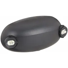 Plastic emergency light with LED technology, rated for damp locations and UL 924 compliant. Operates on 120/277V AC input, with 1.2 W lamp wattage and 4.8 W emergency wattage. Features adjustable lamp heads for directional illumination. Surface ceiling mount in black housing.