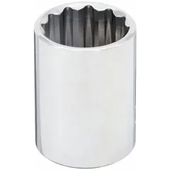 This 1/2" drive hand socket features a 19 mm, 12-point standard configuration for use with metric fasteners. Constructed from chrome, it is suited for tightening or loosening bolts in automotive repair, machinery maintenance, and general industrial assembly tasks.