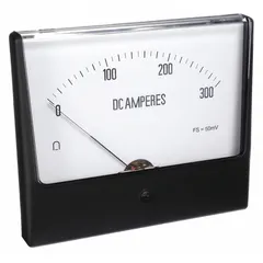 This analog panel meter measures DC current from 0 A to 300 A using a moving-coil mechanism. It offers +/-1.5% accuracy and is suitable for panel-mount applications in industrial control, battery monitoring, and power distribution systems.