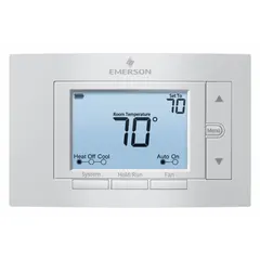 Low voltage digital thermostat for heat and cool applications. Operates at 30V AC with automatic changeover and system settings. Temperature control range 45° to 99°F, differential 0.5° to 1.2°F. Features slide switch control, Y2 terminal, and horizontal mounting.