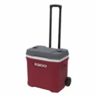 This 30-quart standard chest cooler holds up to 42 cans and provides 3-day ice retention. It features built-in wheels for easy transport across various terrains. No drain plug is included. Suitable for outdoor activities, job sites, and break areas