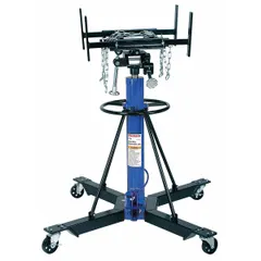 Pneumatic transmission jack with 1.1 ton load capacity. Steel frame with chain securing mechanism. Air-powered lifting actuator for positioning transmissions during removal and installation in vehicle maintenance.