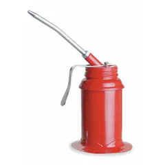 This pistol-grip oil dispenser has a 6 fl oz overall capacity and a rigid 4 in spout. The tin-coated steel body includes a steel pump with two ball valves, feeding a drop or a stream of lubricating oil. Suitable for applying oil to bearings, chains, and machinery components in maintenance and assembly tasks.