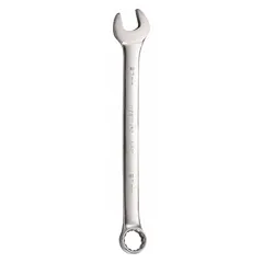 This metric 12-point combination wrench features a 27 mm head size and a 14-inch overall length with an offset design. The satin finish provides corrosion resistance. Suitable for tightening or loosening fasteners in industrial maintenance, automotive repair, and mechanical assembly.