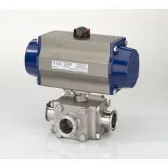 This pneumatically-actuated three-way ball valve features a T-port design with clamp x clamp x clamp connections. Constructed from 316 stainless steel, it is 3-A certified with a surface finish of less than 0.6 micron. Suitable for sanitary processing applications requiring flow diversion or mixing, such as in food, dairy, beverage, and pharmaceutical industries where clean-in-place (CIP) protocols are used.