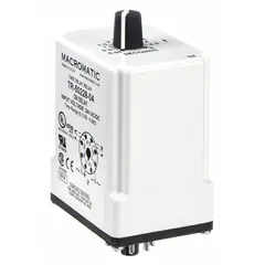 Socket-mounted time delay relay rated for 24V AC/DC coil voltage and 10 A contact current. Features 8 pins/terminals for single-function timing applications. Commonly used in industrial control panels for delaying or sequencing electrical operations, such as in HVAC systems, conveyor controls, and automation circuits.