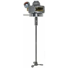 This air-powered propeller mixer features a clamp/stand mounting style for secure attachment to a tank rim or stand. It has a 1/4 in male NPT inlet and three blades for efficient fluid agitation in small-batch mixing processes.