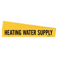 Yellow adhesive pipe marker with black legend text reading 'Heating Water Supply'. Designed for pipe outer diameters from 2-1/2 to 7-7/8 inches. Sold in a 5-pack without directional arrows. Used to identify heating water supply lines in industrial piping systems.