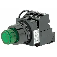 Momentary-action illuminated push button with extended profile, 30 mm mounting hole, and 1NO/1NC contact configuration. Non-metallic construction suitable for industrial control panels and automation systems requiring visual status indication.