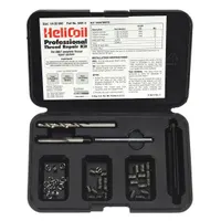 This kit includes tanged helical inserts and a tool for restoring internal threads in metal components. The free-running inserts are 18-8 stainless steel with #6-32 coarse right-hand threads. Suitable for repairing stripped or worn threads in metal substrates