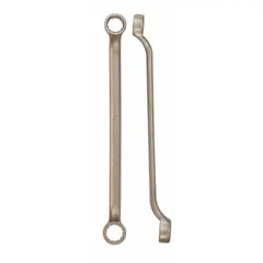 Double-end, 12-point SAE box end wrench with offset design. Nonsparking construction for use in environments where sparks may ignite flammable substances. Head sizes: 1-1/4 in and 1-1/16 in. Overall length: 19-1/4 in.