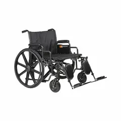 Bariatric wheelchair with a nylon flat frame, 26 in seat width, 20 in seat depth, and 26 in back height. Includes upholstered seat and back, removable armrests, and elevating footrests. Suitable for users requiring a 600 lb weight capacity in healthcare or home settings.