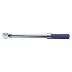 This ratcheting micrometer torque wrench has a 3/8 in square drive and a torque range of 10 ft-lb to 80 ft-lb. It is used for tightening fasteners to a specified torque value in mechanical assembly and maintenance tasks. The wrench provides audible click and tactile feedback when the preset torque is reached.