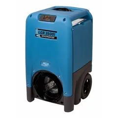 Industrial portable dehumidifier for water damage restoration. Uses Low Grain Refrigerant (R-32) for efficient moisture removal. Includes hour meter, air filter, and drain hose.