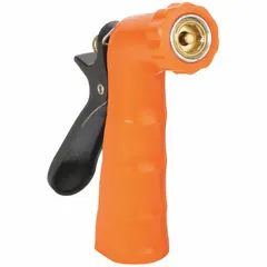 This replacement nozzle features a female garden hose thread (FGHT) connection and is constructed from plastic and zinc. The orange plastic body includes a handle control for shutoff. With an overall length of 5 1/2 inches, it is suitable for use in industrial cleaning and washdown applications.