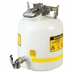 This HPLC waste can is constructed of polyethylene with a PTFE seal and two stainless steel fittings. It is used for collecting liquid waste from high-performance liquid chromatography systems in laboratory settings.