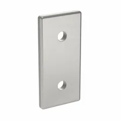 This aluminum plate connector from the 45 Series measures 86 mm x 41 mm x 6 mm and is designed for use with 10 mm slot width profiles. It features two holes and an anodized finish. Typical applications include connecting aluminum profile sections in structural framing systems for machine guards, workstations, and conveyor structures.