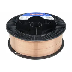 Carbon steel ER70S-2 MIG welding wire on a 33 lb plastic spool. Diameter 0.03 in. As-welded tensile strength 70 ksi, yield strength 58 ksi. Used for gas metal arc welding of carbon steel in general fabrication, automotive repair, and structural applications.